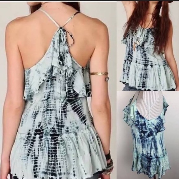 Free People Tops - Free People Tie Dye Alligator Tank Blue Beaded Ruffle‎ Peplum XS